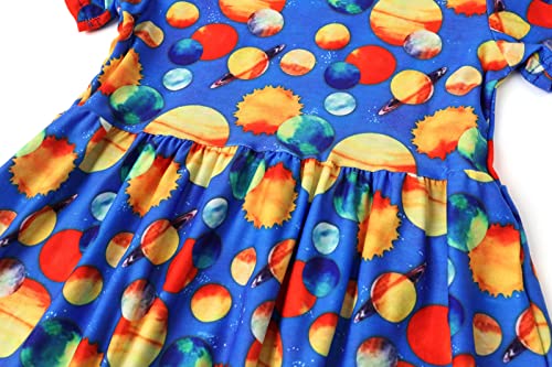 Little Girl's Dress Summer Casual Solar System Space Dresses Girls Short Sleeve Children Clothes for Baby Kids 2-7 Years A-Blue