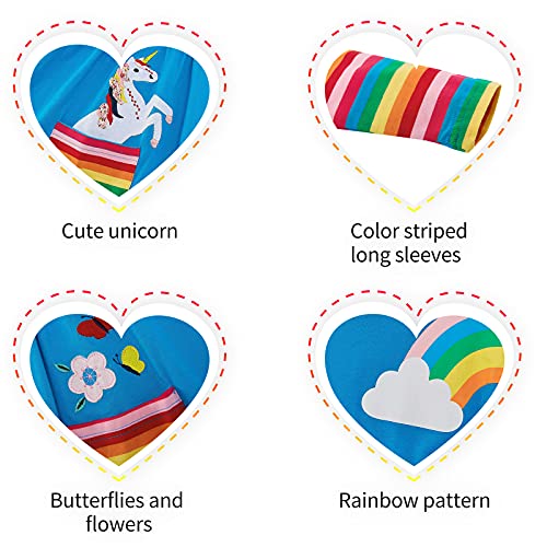 Girls Rainbow Long Sleeve T-Shirt Dresses Girl Dress 4-5years Blue Cotton Stripe Dress for Girls T-Shirt Dress with Large Pockets