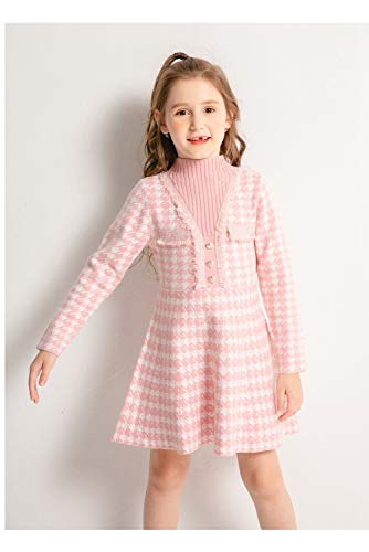 SMILING PINKER Girls Jumper Dress Long Sleeve Kids Party Houndstooth Knitted Dresses Winter Mock Neck(Pink,6-7 Years)