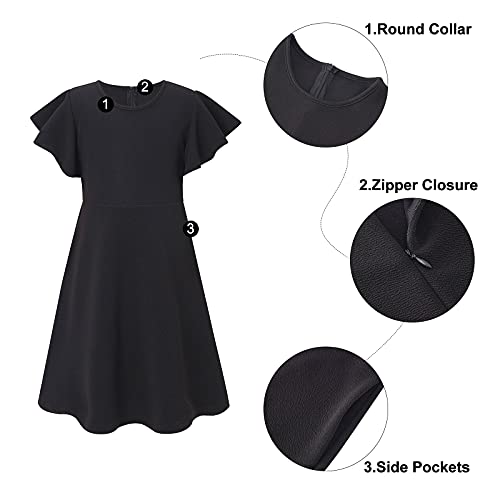 Casual Dress for Girls 9-10yrs Black Round Neck Casual Party Dresses with 2 Side Pockets Cute Sundress for Kids
