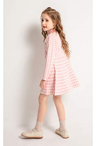SMILING PINKER Girls Jumper Dress Long Sleeve Kids Party Houndstooth Knitted Dresses Winter Mock Neck(Pink,6-7 Years)