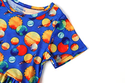 Little Girl's Dress Summer Casual Solar System Space Dresses Girls Short Sleeve Children Clothes for Baby Kids 2-7 Years A-Blue