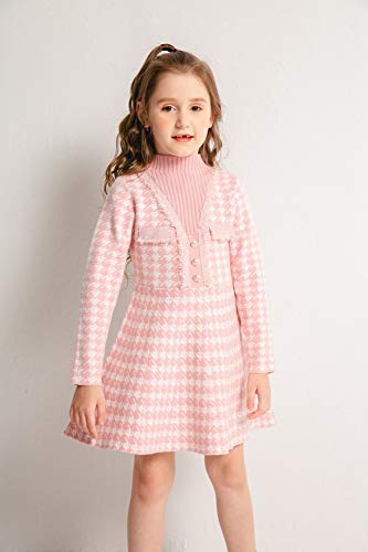 SMILING PINKER Girls Jumper Dress Long Sleeve Kids Party Houndstooth Knitted Dresses Winter Mock Neck(Pink,6-7 Years)