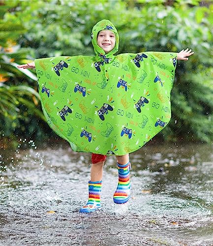 Kids Rain Poncho Reusable Toddler Raincoat Waterproof Rain Jacket for Age 3-15 Portable Rain Wear With Hood Outdoor Green Rain Coat with Pouch Bag for Boys and Girls