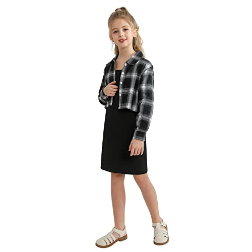 Kids Girl 2 Piece Outfits Girls Sleeveless Bodycon Dress with Crop Jacket Costumes Children Plaid Long Sleeve Tops + Cami Dress Set Clothes