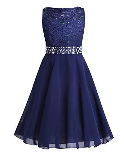 CHICTRY Kids Girls Sparkle Belt Sequin Lace Flower Girl Bridesmaid Wedding Party Dresses Navy Blue 11-12 Years
