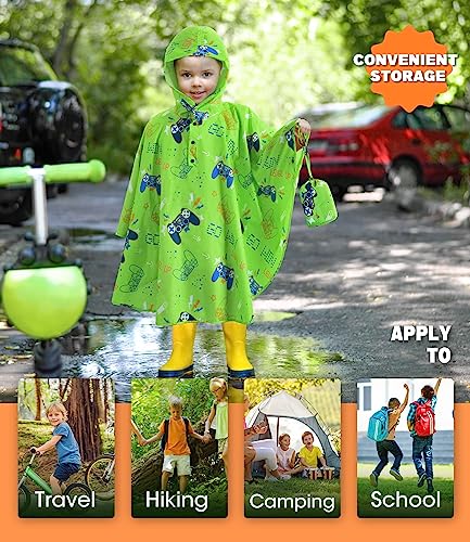 Kids Rain Poncho Reusable Toddler Raincoat Waterproof Rain Jacket for Age 3-15 Portable Rain Wear With Hood Outdoor Green Rain Coat with Pouch Bag for Boys and Girls