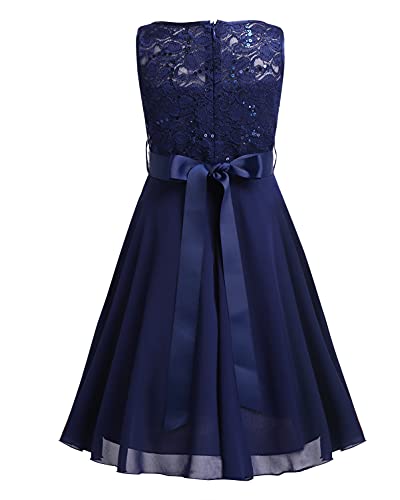 CHICTRY Kids Girls Sparkle Belt Sequin Lace Flower Girl Bridesmaid Wedding Party Dresses Navy Blue 11-12 Years