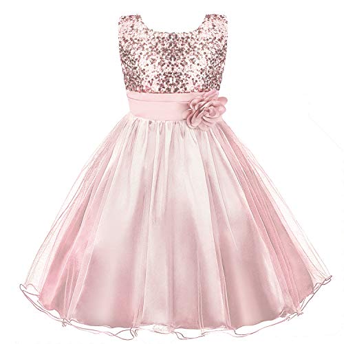 Discoball Girls Princess Dress Sequin Tulle Flower Pageant Birthday Party Wedding Bridesmaid Girl Dresses for 3-12 Years Pink