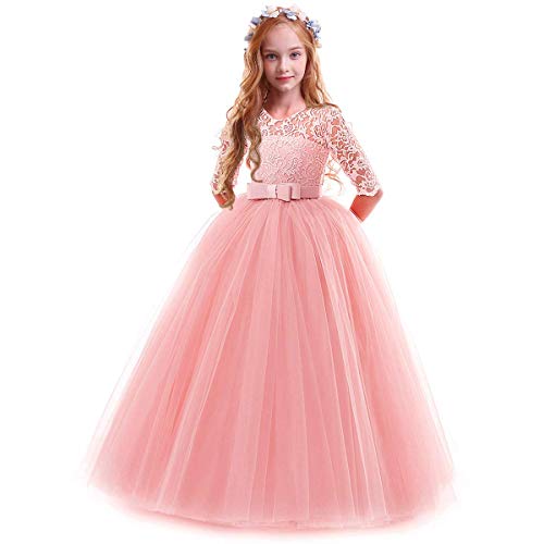 IWEMEK Flower Girls 3/4 Sleeve Floral Lace Tulle First Communion Pageant Dresses Kids Big Girls Princess Birthday Carnival Christmas Bridesmaid Wedding Party Prom Ball Gown Pink 5-6 Years