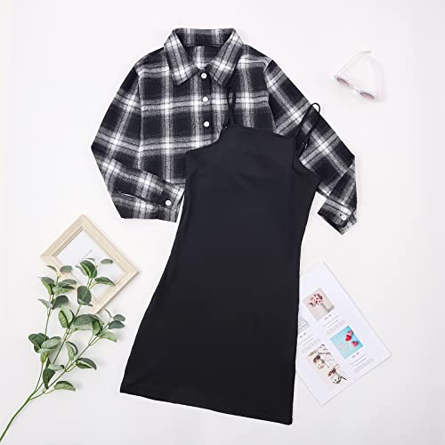 Kids Girl 2 Piece Outfits Girls Sleeveless Bodycon Dress with Crop Jacket Costumes Children Plaid Long Sleeve Tops + Cami Dress Set Clothes