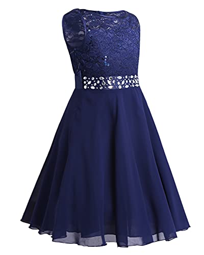 CHICTRY Kids Girls Sparkle Belt Sequin Lace Flower Girl Bridesmaid Wedding Party Dresses Navy Blue 11-12 Years