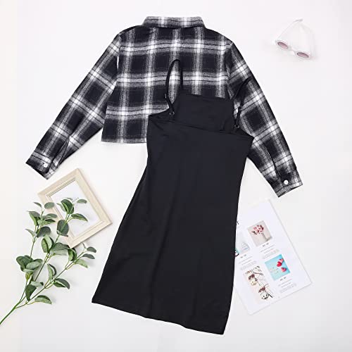 Kids Girl 2 Piece Outfits Girls Sleeveless Bodycon Dress with Crop Jacket Costumes Children Plaid Long Sleeve Tops + Cami Dress Set Clothes