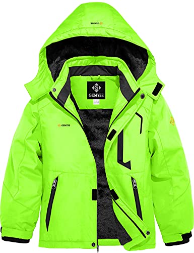 GEMYSE Boy's Winter Waterproof Ski Jacket Mountain Windproof Fleece Coat with Hood (Fluorescent Green1,6-7Years,6/7)