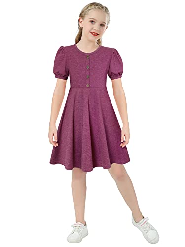 Purple Dress for Girls Short Sleeve Kids Casual Cotton T-Shirt Dress Summer Tunic Dress for Little Girl 7-8 Years Girls Plain Elasticity Cute T-Shirt Dress