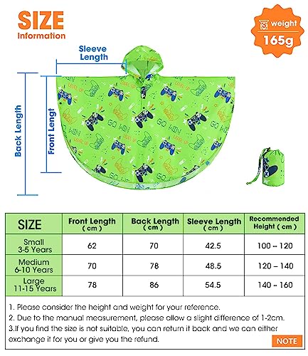 Kids Rain Poncho Reusable Toddler Raincoat Waterproof Rain Jacket for Age 3-15 Portable Rain Wear With Hood Outdoor Green Rain Coat with Pouch Bag for Boys and Girls