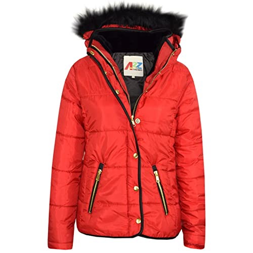 A2Z 4 Kids Padded Puffer Quilted Coat Faux Fur Collar Detachable Hood - Jacket Puffer 411 Red 11-12.