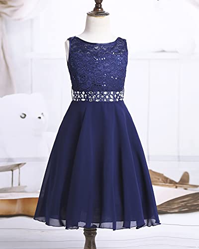 CHICTRY Kids Girls Sparkle Belt Sequin Lace Flower Girl Bridesmaid Wedding Party Dresses Navy Blue 11-12 Years