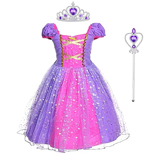 Discoball Princess Girls Rapunzel Costumes Cosplay Fancy Party Girl Princess Dresses for Festival Pageant Carnival Halloween (6-7Years, Purple with Accessories)