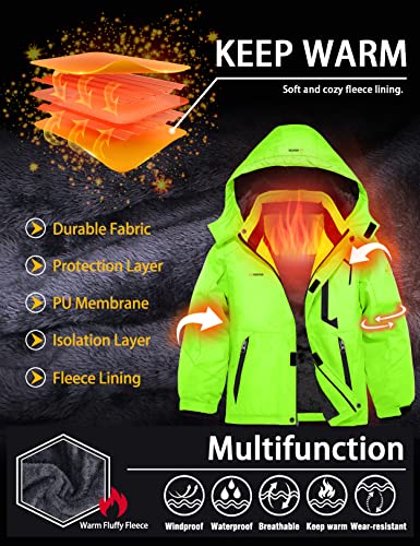 GEMYSE Boy's Winter Waterproof Ski Jacket Mountain Windproof Fleece Coat with Hood (Fluorescent Green1,6-7Years,6/7)