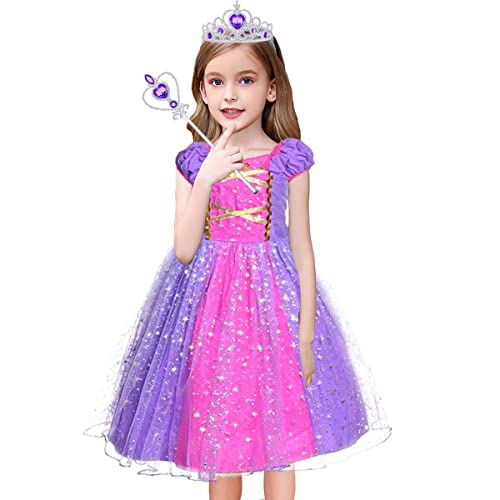 Discoball Princess Girls Rapunzel Costumes Cosplay Fancy Party Girl Princess Dresses for Festival Pageant Carnival Halloween (6-7Years, Purple with Accessories)