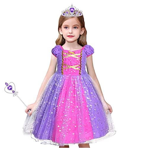 Discoball Princess Girls Rapunzel Costumes Cosplay Fancy Party Girl Princess Dresses for Festival Pageant Carnival Halloween (6-7Years, Purple with Accessories)