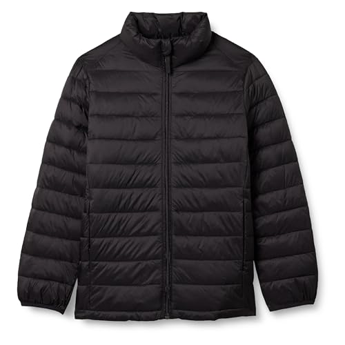Amazon Essentials Boys' Lightweight Water-Resistant Packable Puffer Jacket, Black, 11-12 Years