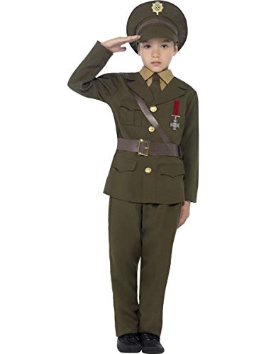 Smiffy's Children's Army Officer Costume, Jacket, Belt, Trousers, Hat, Mock Shirt & Tie, Boys, Size:L Colour: Green, 27536