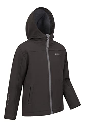 Mountain Warehouse Exodus Kids Softshell Jacket - Breathable Childrens Jacket, Showerproof Girls Coat, Fleece Lined Boys Hoodie, Wind Resistant - for Travelling, Black, 9-10 Years
