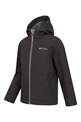 Mountain Warehouse Exodus Kids Softshell Jacket - Breathable Childrens Jacket, Showerproof Girls Coat, Fleece Lined Boys Hoodie, Wind Resistant - for Travelling, Black, 9-10 Years