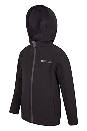 Mountain Warehouse Exodus Kids Softshell Jacket - Breathable Childrens Jacket, Showerproof Girls Coat, Fleece Lined Boys Hoodie, Wind Resistant - for Travelling, Black, 9-10 Years