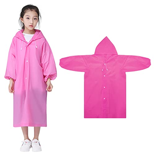 Kids Waterproof Rain Coat, EVA Rain Poncho with Hood for Girls Boys, Reusable Children Raincoat Toddler Hooded Rain Jacket Cape, for School Hiking Cycling Camping Travel (pink)