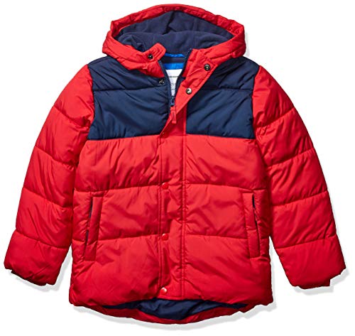 Amazon Essentials Boys' Heavyweight Hooded Puffer Jacket, Navy Red Colour Block, 6-7 Years