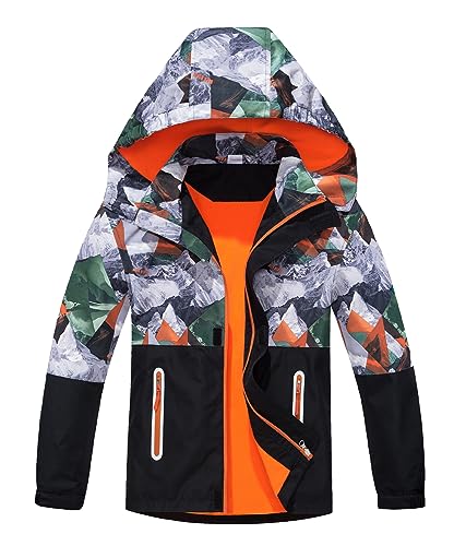 CAMLAKEE Boys Waterproof Jacket Kids Raincoat Fleece Lined Children Camo Coat Warm Windbreaker Orange UK:9-10 Years (manufacturers's Size: 140)