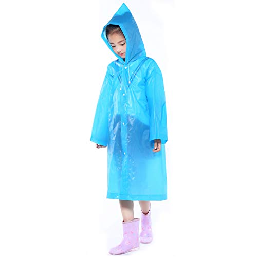 Kids Rain Coat for Girls Boys, Waterproof EVA Rain Poncho with Hood, Reusable Toddler Rain Jacket Cape Rainwear, Clear Children Raincoat for Travel Outdoor Climbing Hiking Camping (Blue)