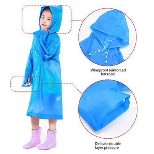 Kids Rain Coat for Girls Boys, Waterproof EVA Rain Poncho with Hood, Reusable Toddler Rain Jacket Cape Rainwear, Clear Children Raincoat for Travel Outdoor Climbing Hiking Camping (Blue)