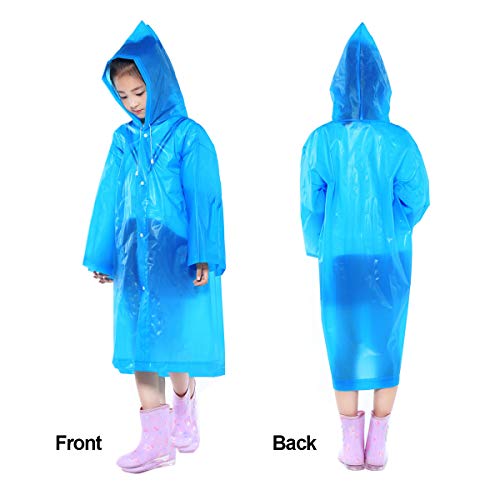 Kids Rain Coat for Girls Boys, Waterproof EVA Rain Poncho with Hood, Reusable Toddler Rain Jacket Cape Rainwear, Clear Children Raincoat for Travel Outdoor Climbing Hiking Camping (Blue)