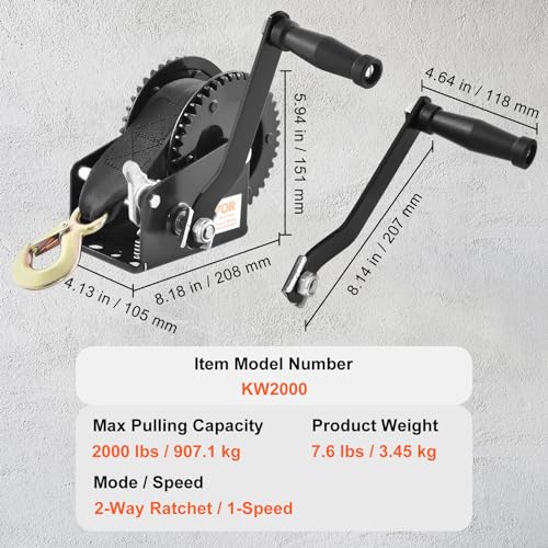2000 lbs Capacity Hand Winch for Trailer, Boat