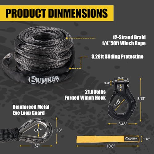 BUNKER INDUST 1/4" x 50' Synthetic Winch Rope Kit