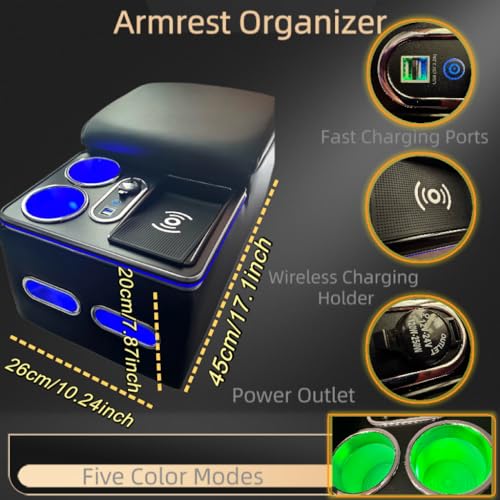 Car Armrest Organizer with Wireless Charging, Cup Holders