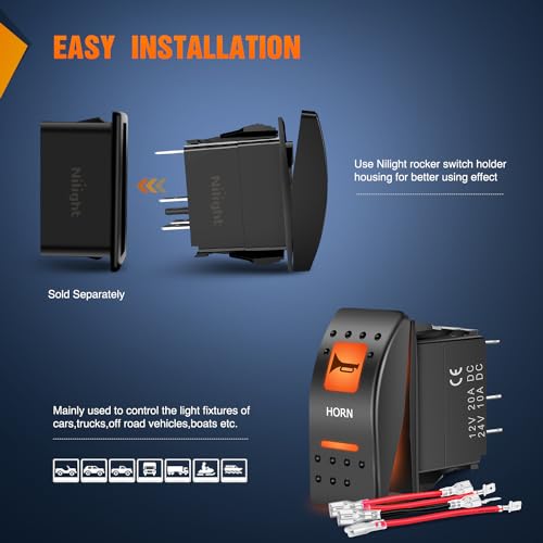 Nilight UTV Horn Rocker Switch - 5-Pin SPST Orange LED Toggle