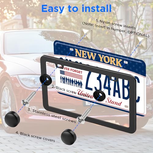 Matte Black Stainless Steel License Plate Frames - 2Pcs