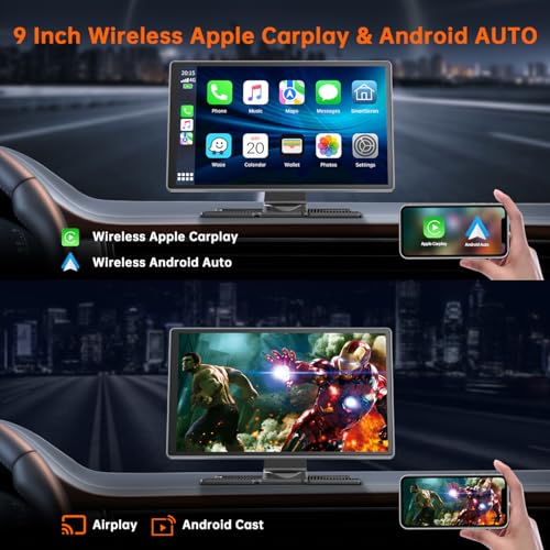 9 Inch Wireless Car Stereo with Apple Carplay & Android Auto, 4K Dash Cam, 1080p Backup Camera, GPS Navigation