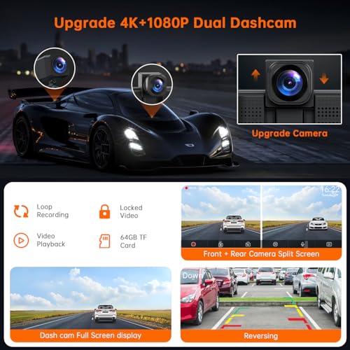9 Inch Wireless Car Stereo with Apple Carplay & Android Auto, 4K Dash Cam, 1080p Backup Camera, GPS Navigation