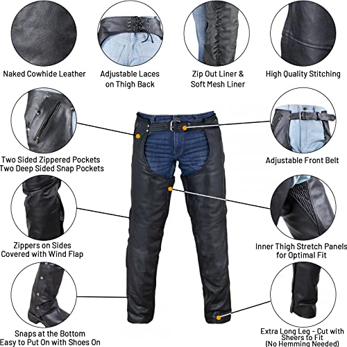 Dream Apparel Black Leather Motorcycle Riding Chaps, Size L