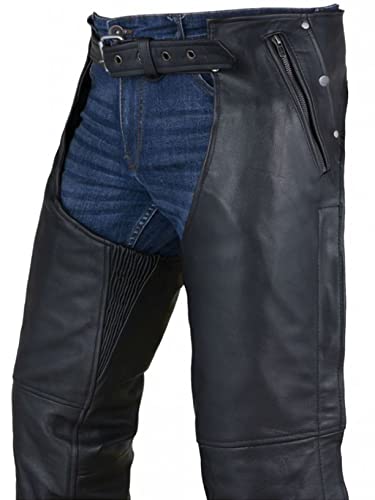 Dream Apparel Black Leather Motorcycle Riding Chaps, Size L