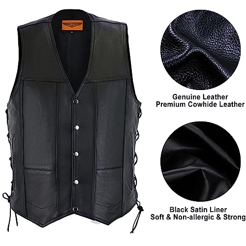 Men's Black Leather Motorcycle Club Vest with Concealed Pockets