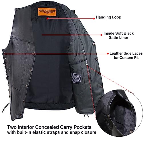 Men's Black Leather Motorcycle Club Vest with Concealed Pockets