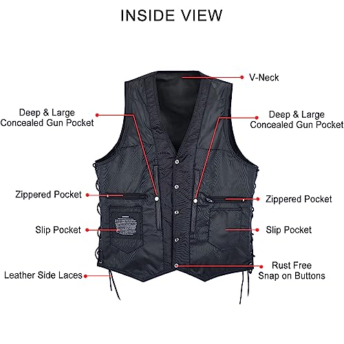 Men's Black Leather Motorcycle Club Vest with Concealed Pockets