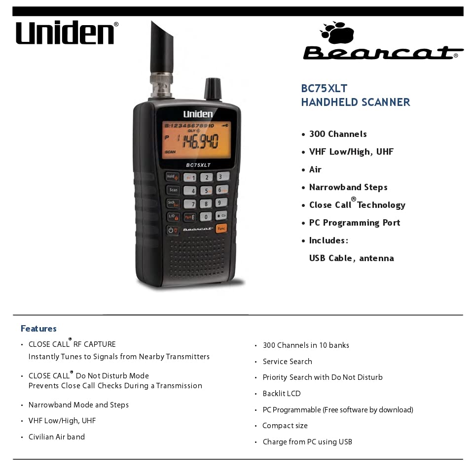 Uniden Bearcat BC75XLT Handheld Scanner - Versatile Car Accessory